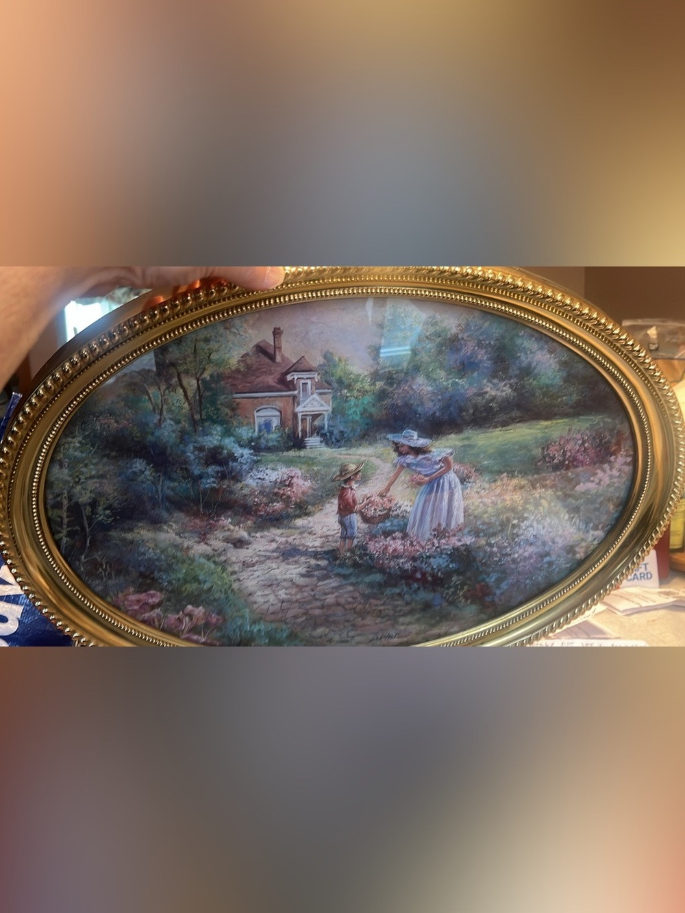Vintage Oval Framed Print - Woman and Child in Garden By Lee K. Parkinson